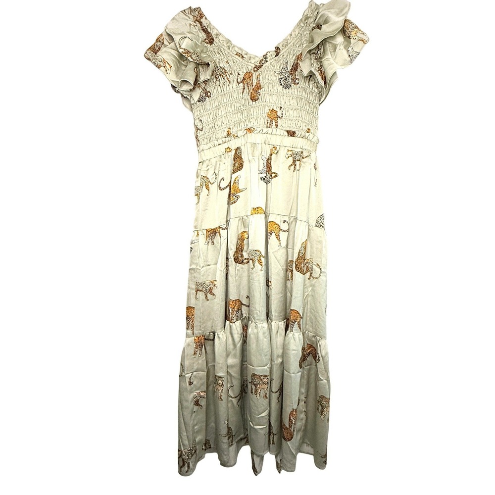 Umgee Maxi Dress Small Sage Green Animal Print Smocked Tiered Boho NWT